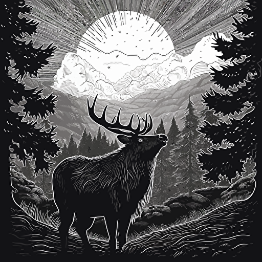 illustrated elk bowing head in contemplation, black and white vector, simple, ::woodblock style