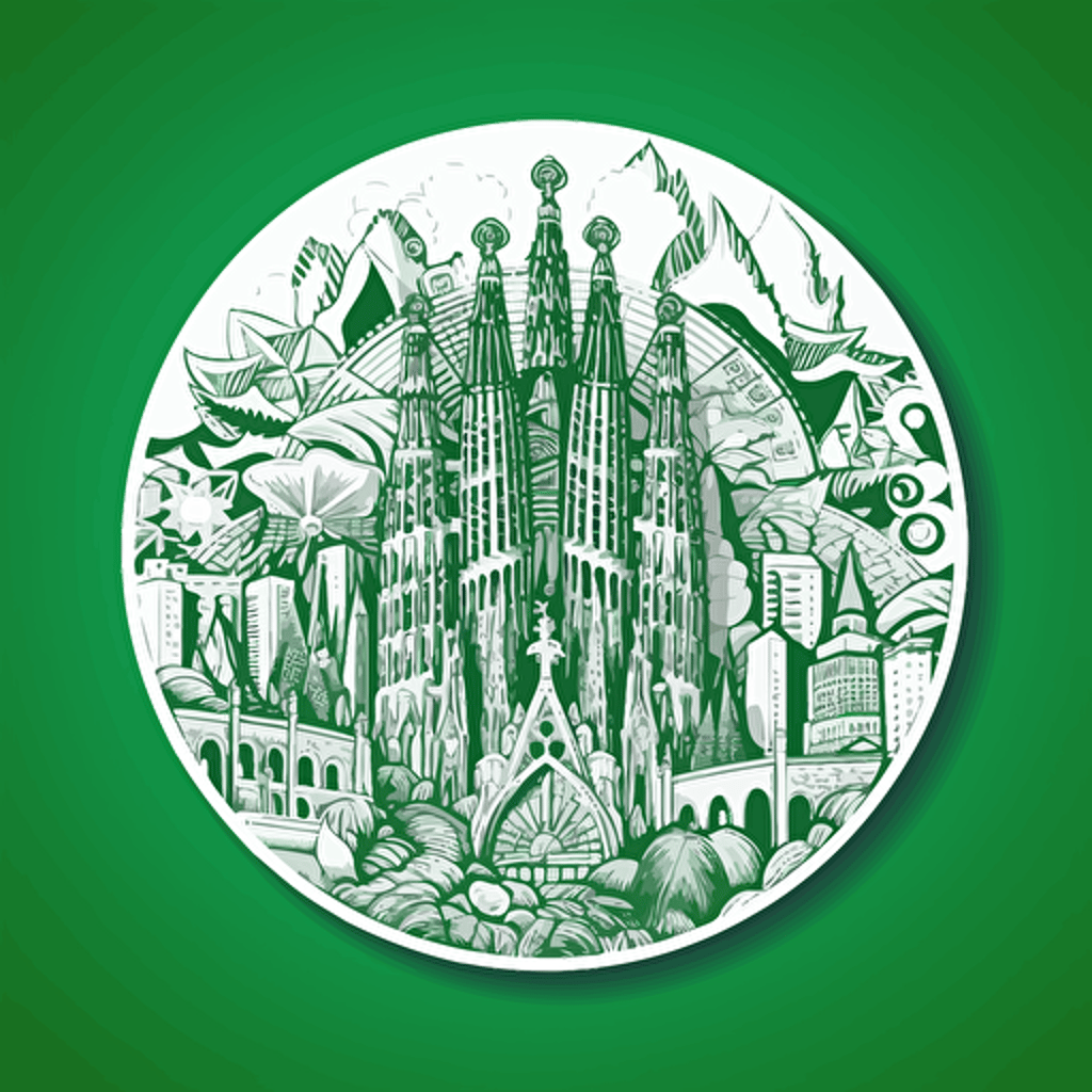 sagrada familia, vector sticker design, white outline, super crisp edges, green background