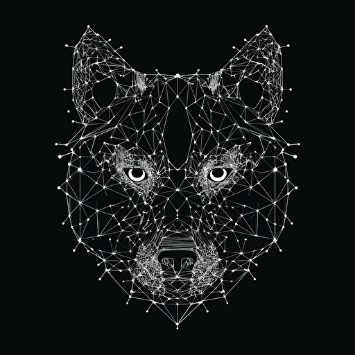 Angry sacred geometry wolf, Banksy style, black background, large closed shapes, fantasy roboter, white space to fill, abstract, artistic, pen outline, white background, very simple, full field of view, centre, minimalistic logo vector art , simple flat vector logo