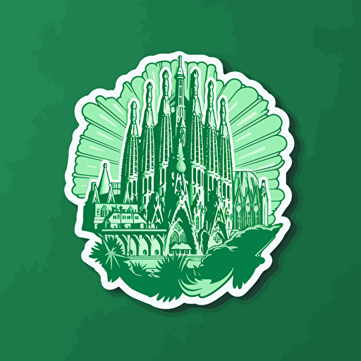 sagrada familia, vector sticker design, white outline, super crisp edges, green background