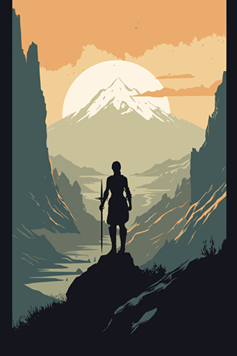 movie poster, fantasy and science fiction, female hero, city, mountains, drama, minimalistic vector art,