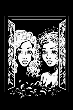 liniar art, black and white vector style, outline of two girls peeking through the window of a souterrain window, you only see there eyes, one afro silhouette girl one blond girls silhouette girl, they have big bambi like eyes, you only see there eyes peeking over the ledge of the window, white background, logo style