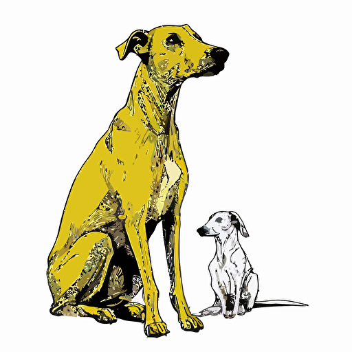 cartoon style image of Neka, the yellow greyhound with kind eyes, as a vector with white background. Neka is sitting to the right, paying great attention to what she's seeing