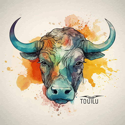 vector line drawing of taurus bull head, with multicolor, watercolor background.
