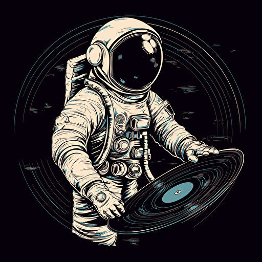 an astronaut holding a big vinyl, 2d vector on black background