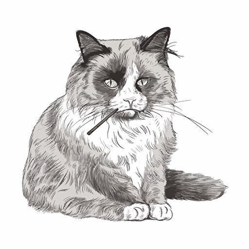 a tough looking bicolor Ragdoll cat with a big cigarette in his mouth, vector greyscale