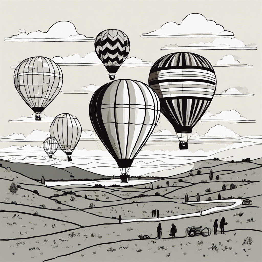 Hot air balloons rising at dawn, illustration in the style of Matt Blease, illustration, flat, simple, vector