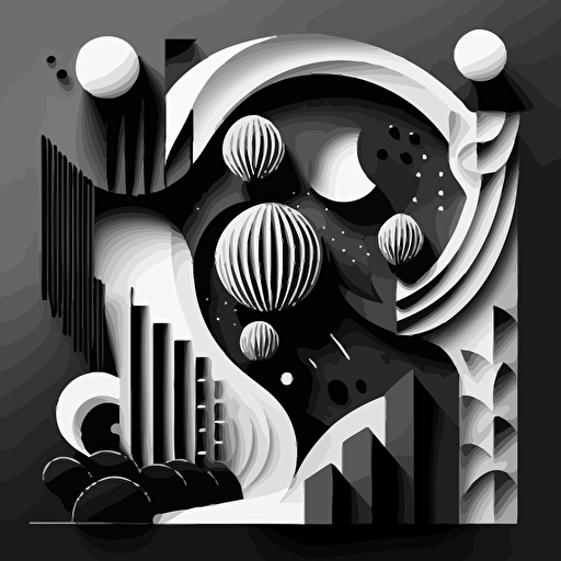 A flat black and white vector composition of geometric patterns and shapes