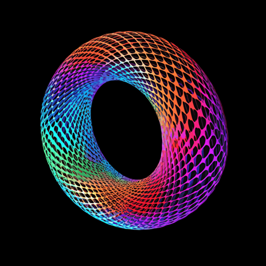 minimalist, a single toroid, angular isometric view, hyper geometry, electromagnetism, physics, spinor, vectors, abstract, colorful, monochromatic background, toroidal mathmatical structure, lattice with vertices : High