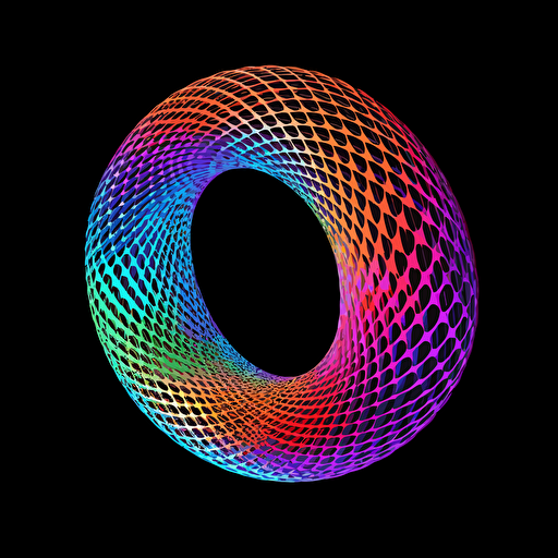 minimalist, a single toroid, angular isometric view, hyper geometry, electromagnetism, physics, spinor, vectors, abstract, colorful, monochromatic background, toroidal mathmatical structure, lattice with vertices : High