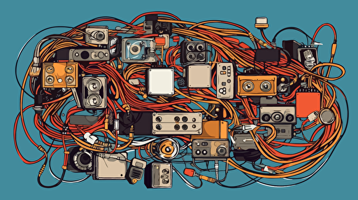 vector art image of messy audio cables connecting to different gear.