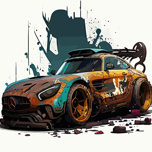 2016 Mercedes-AMG GT3, rebuilt with junk yard parts, mismatched body panels, a little rusty, celshading, Borderlands style, comic book style, vector image
