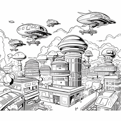 Futuristic City. Many Flying Cars. No Shadow. Cartoon. Coloring page. Vector. Simple.