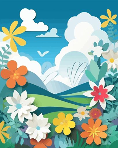 Children’s artwork, Cut Paper style, blue sky and white clouds, hawaii flowers, low detail, lots of depth, pastel colors, vector