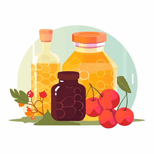 A spheric glass bottle containing honey combs and and a pair of cherries. Flat vector illustration in the style of Kurzgesagt.