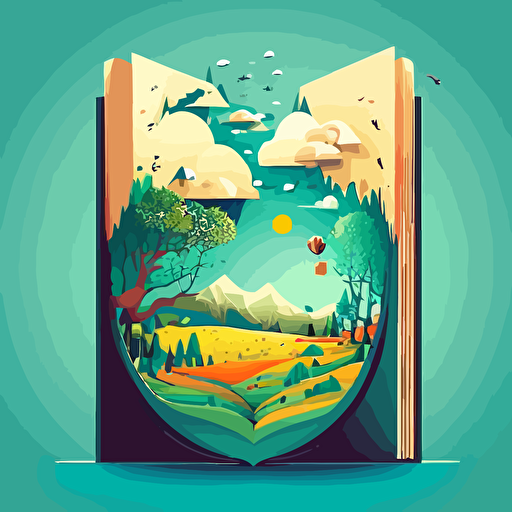 a dream-like landscape growing out of a book, illustration style, low angle, flat art, vector