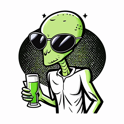 alien at a frat party, vector logo, vector art, emblem, simple cartoon, 2d, no text, white background