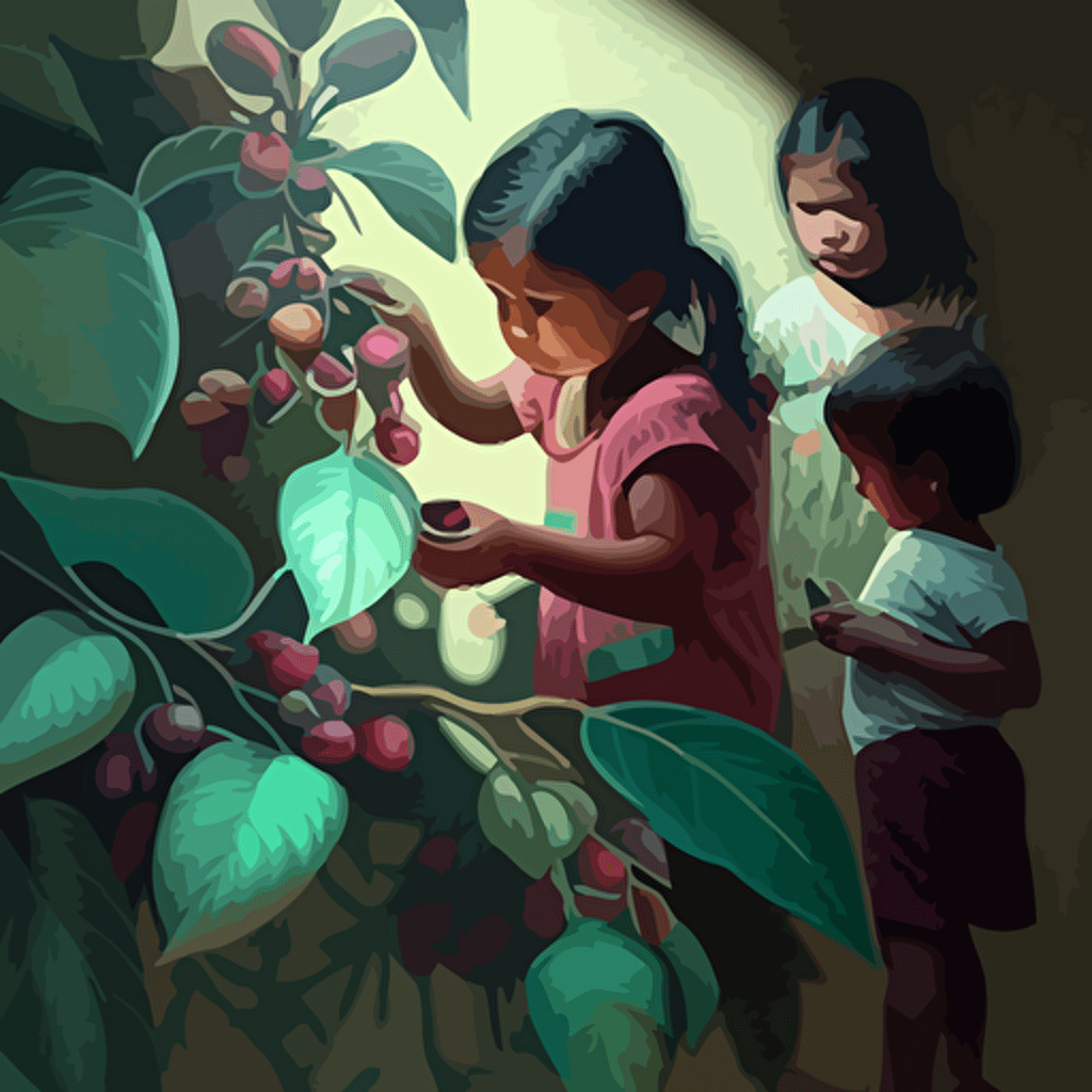 pintura mural, con niños amazonicos cosechando uvas en un parral , en vectores , pintura indigenista, gran angulo, con luz natural