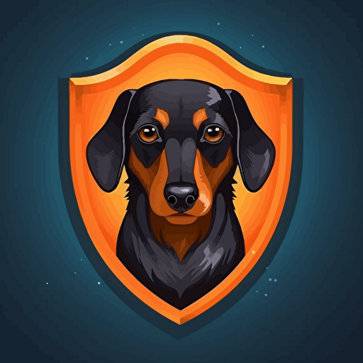 Create a shield for a soccer club containing (dachshund dog , soccer ball): Main colour orange. Vector art by Martina Krupičková, behance contest winner, postminimalism, digital illustration, flat shading, 2D game art.