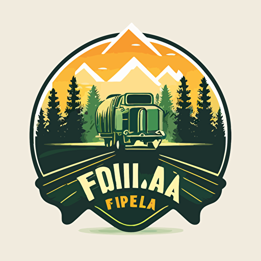a logo of a fuel delivery truck driving on a highway with forest on either side, symmetrical, vector art