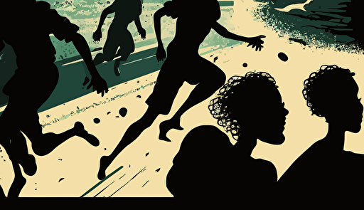 a vector drawing of freedom riders fleeing from a greyhound bus that has been attacked by opponents of integration