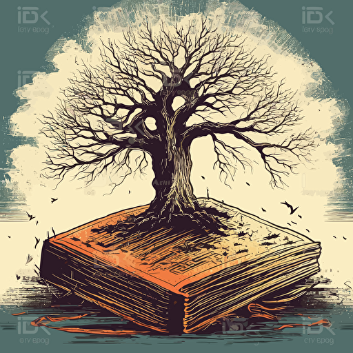 a book cover vector art illustration of a dying tree with one leaf left