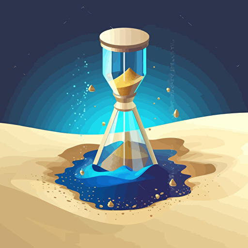 A sand timer, beach scene at the top inside, Sand sifting through, gold tokens at the bottom, vector style logo, blue sea colour, HD