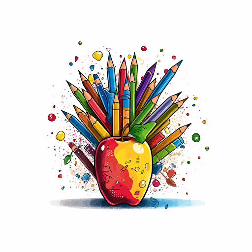 an illustration of apples and crayons stylized, vector art style, back to school style,