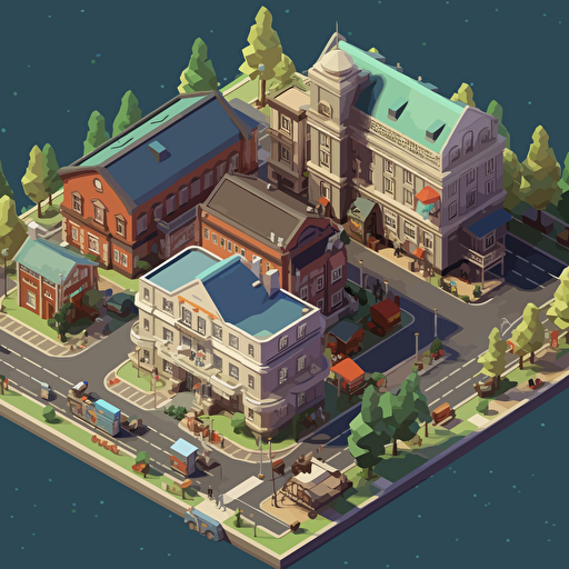 nobody, isometric, ghibli, (game map, city, university, train station, library, dormitory, playground, academic buildings), makoto shinkai, cute, vector style, simple detail, isometric diorama, cute and warm atmosphere, relaxed and peaceful, lonely