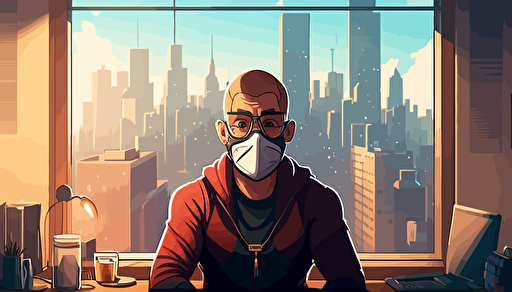 Young Man wearing face mask looking straight into camera sitting behind a studio desk wide angle shot in a room with big windows showing Buildings in a Brightly lit room, Vector style image, highly detailed