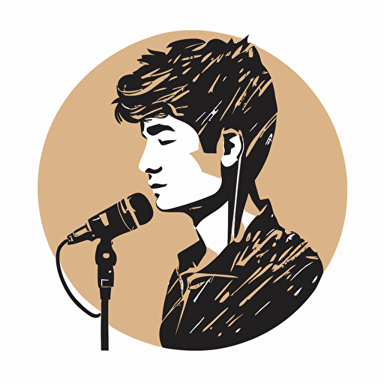 musician short hair, holding guitar, mic, person in logo, vector style, white background
