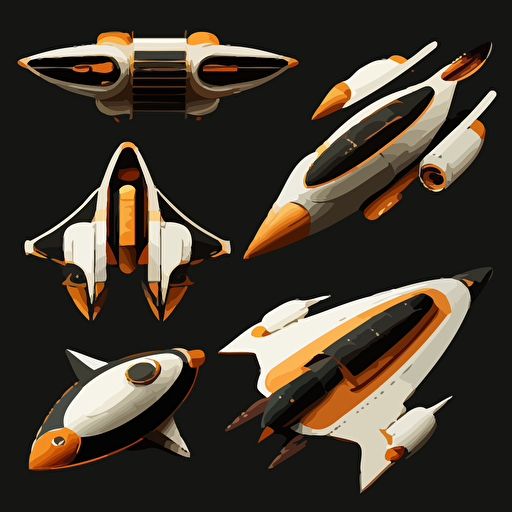 orange and white space ships on black background, top-down view, clean, simple, no shadows, vector