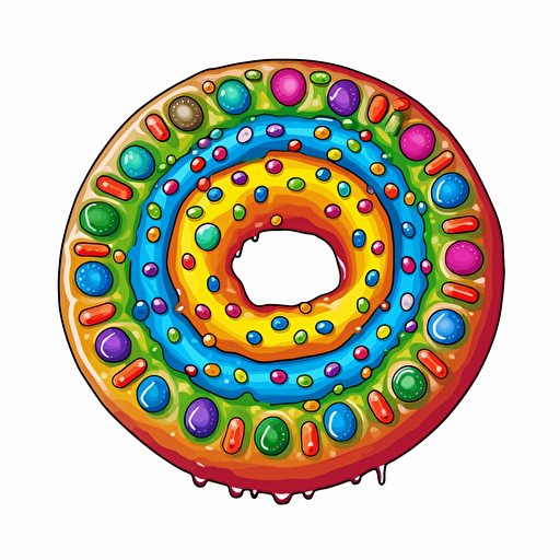 handdrawn doughnut, vector art, rainbow colours, symmetrical, isolated white background