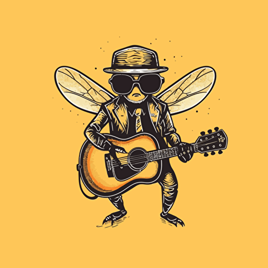 vectorial drawing of logo of a antropomorphic fruit fly wearing a suit and playing the guitar, sunglasses, punk rock clothing style, minimalistic