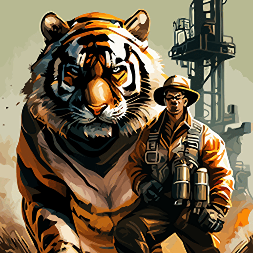 A bengal tiger with a mean look and man body working his job in the oilfield. Vector art