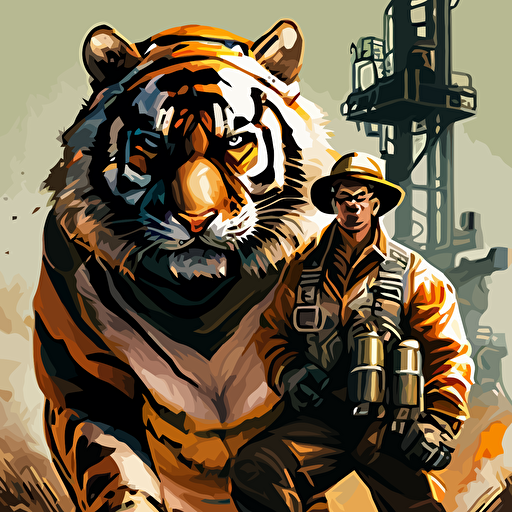 A bengal tiger with a mean look and man body working his job in the oilfield. Vector art