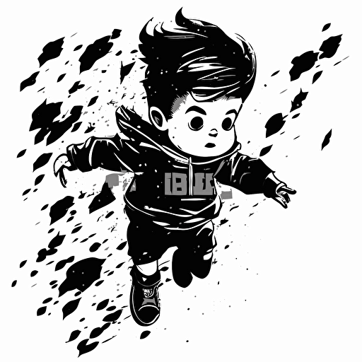 Little boy flying. Black and white vector illustration