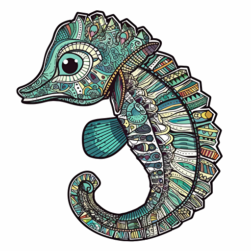 trippy cute sea horse, sticker, white background, contour vector, view from above, attention on detail and proportions