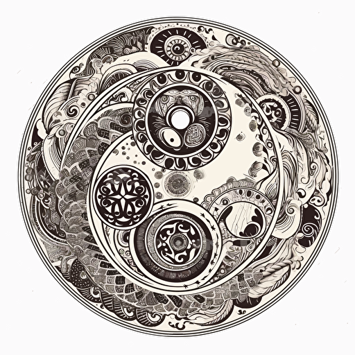 tribal ying & yang design with tiny ancient japan details, 2d, vector, white background
