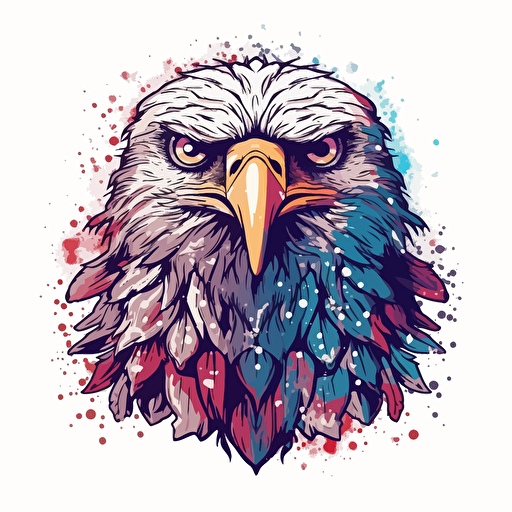 Eagle in front of a us flag, cool, american, Sticker, Cute, Sparkly Colors, kinetic art style, Contour, Vector, White Background, Detailed