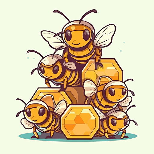 Various Bees on a Honeycomb, Saturday Morning Cartoon Style, Sticker, Vector