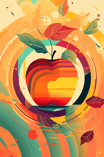 open apple illustration with square framed botanical ornaments simplified illustration with a shinning sun using the illustrator illustration styles, vectorized, moder pantone colorful pallet