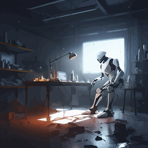 a futuristic robot in a workshop that is broken. vector art, moody lighting