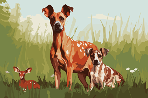 a fawn Great Dane and a Jack Russell terrier, in a grass lawn, vector art style,