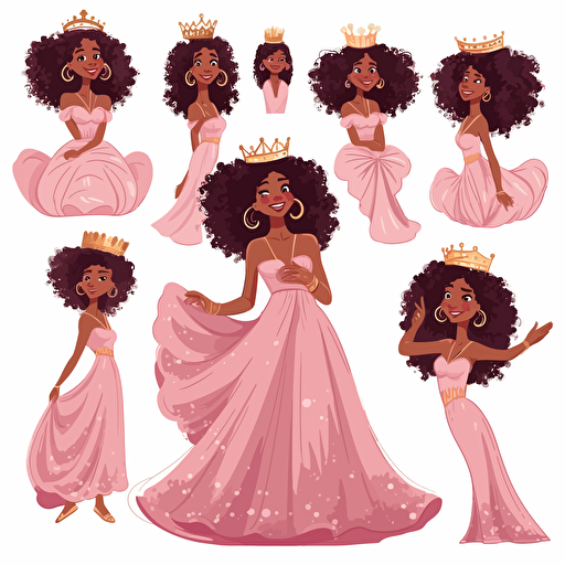 vector illustration, multiple expressions and poses of a beautiful happy black mixed race girl princess with wild Afro hairstyle in long soft pink dress, and golden crown on her head, in vivid colors, with white background.