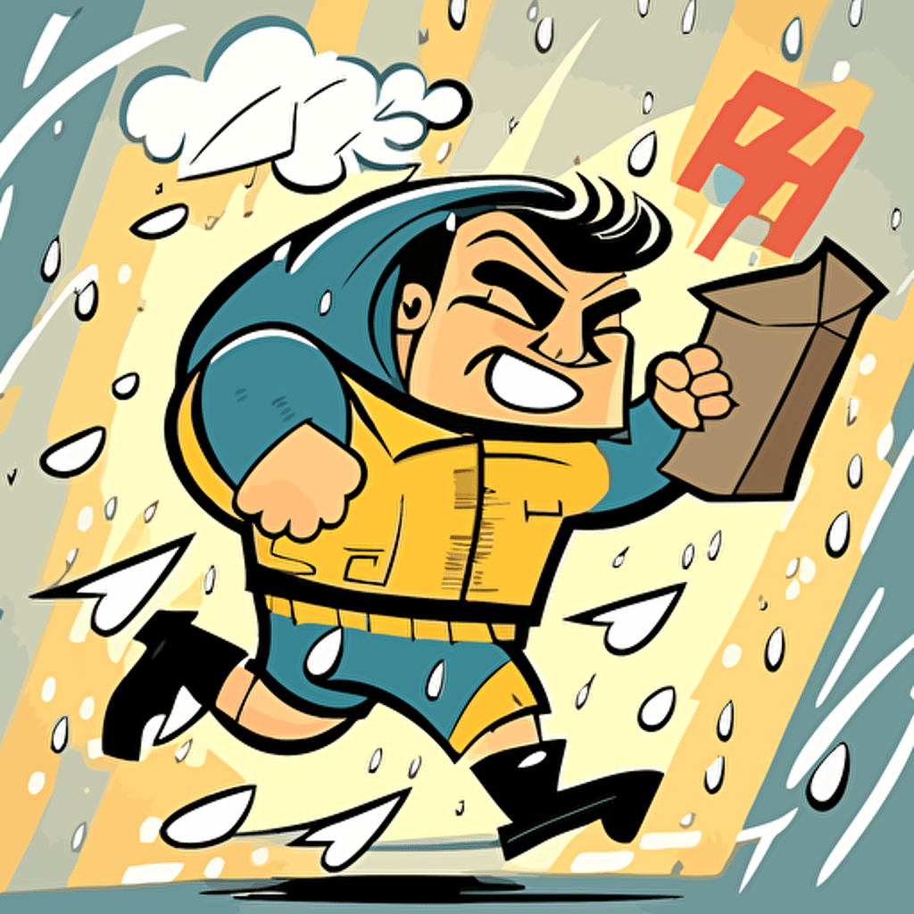 A strong bristish postman powering through the rain with a smile on his face, cartoon, vector, cute