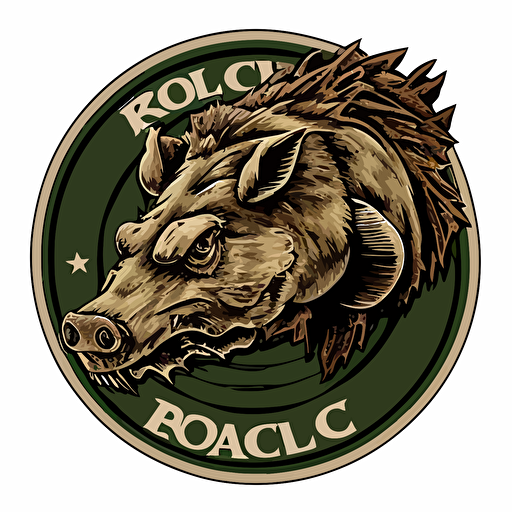 logo patch of a wild boar roaring on a white background, "RC08" written on the white background , vector, US ARMY WWII theme, high res