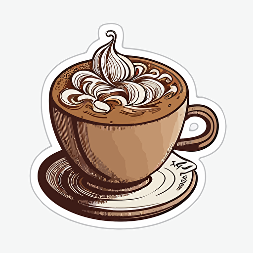 Cappuccino , Sticker, Happy, Dark, Hand-Drawn, Contour, Vector, White Background, Detailed