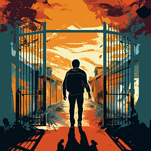 a vector image of a man leaving prison, walking into his community, opened prison gates, graffiti style