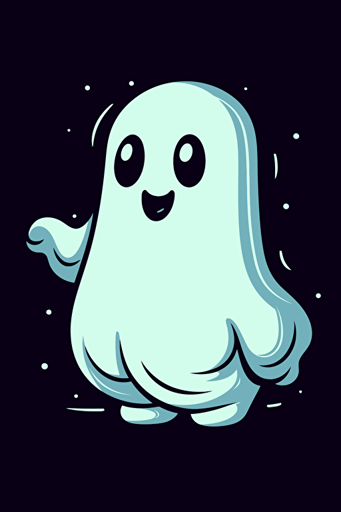 happy ghost, white on black background, cartoon style, flat vector